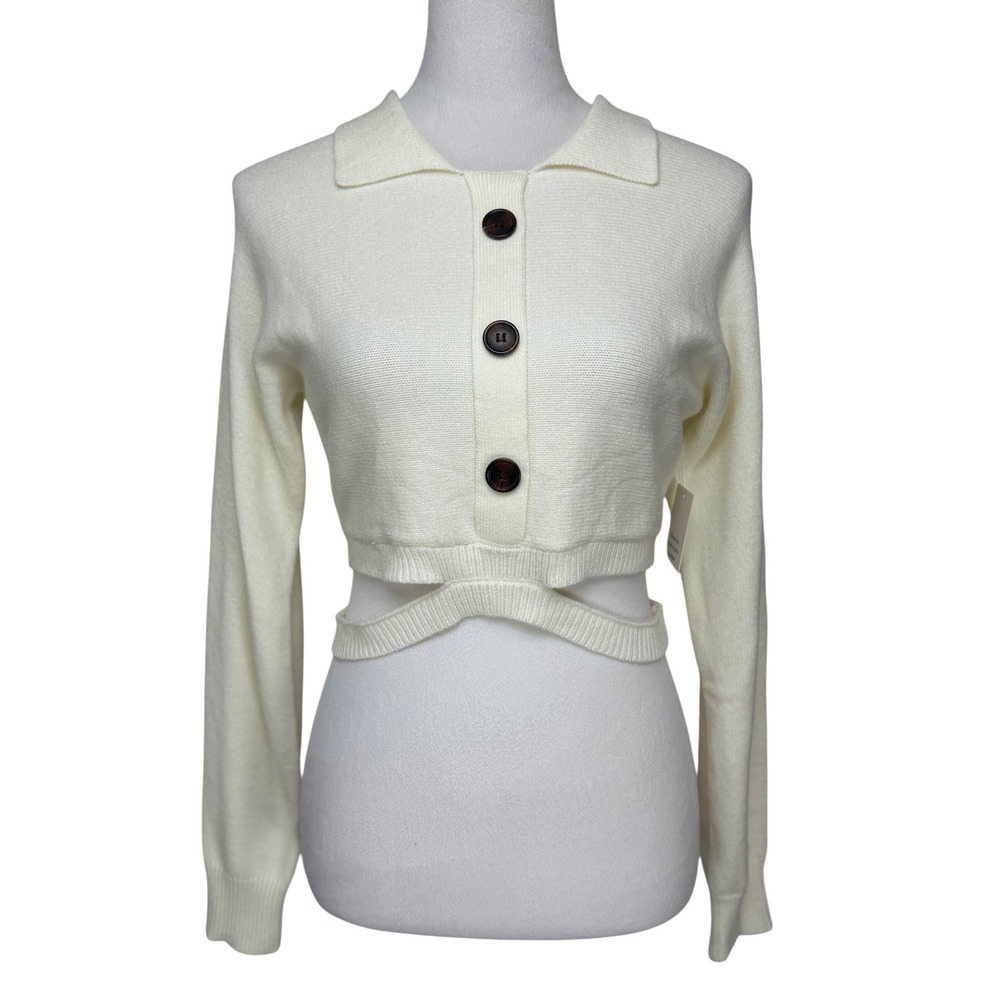 Double Zero NWT Women Cardigan S Cream Cutout Waist Button Front Collar DZ22F607